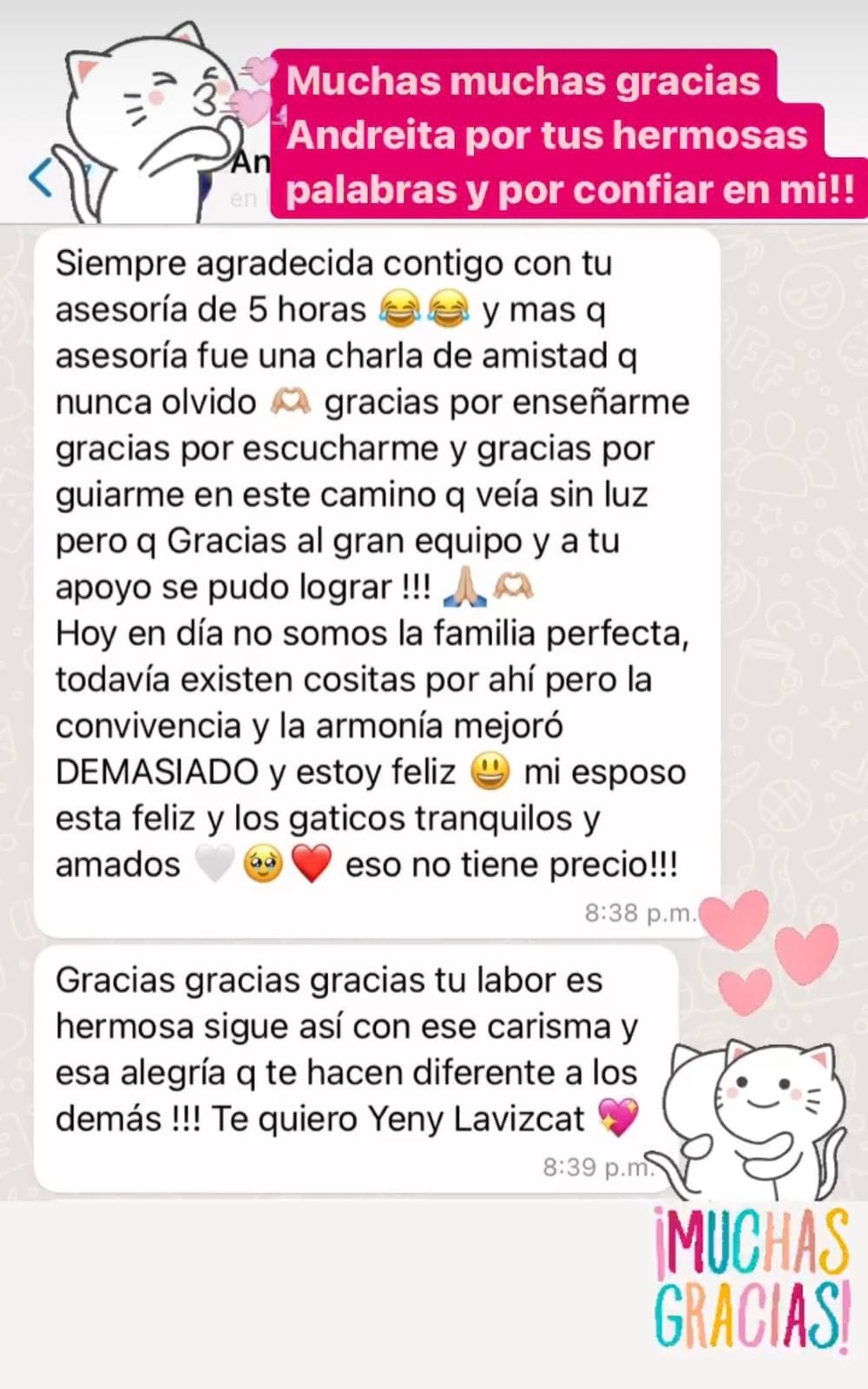 Captura de WhatsApp: testimonio de clienta muy agradecida con los resultados de sus gatos